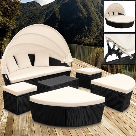 Deuba Poly Rattan Sun Day Bed Garden Furniture with Table and Canopy Black Outdoor Patio Sofa Lounger Set 992969 4250525357127