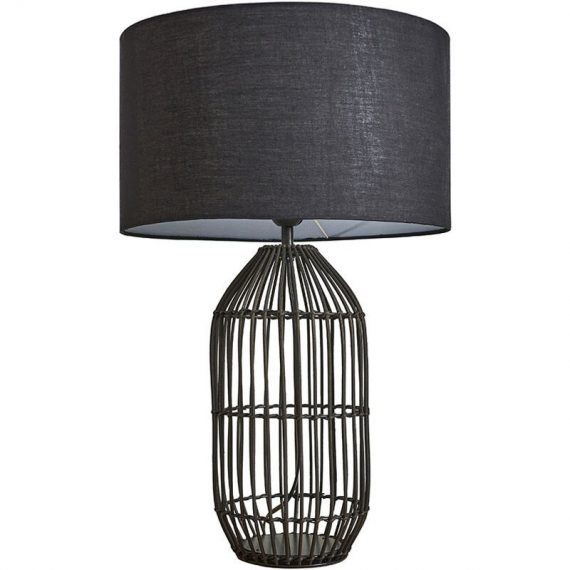 Minisun - Large Black Rattan Table Lamp With Fabric Lampshade - Black - Including led Bulb B2778 5059406027789