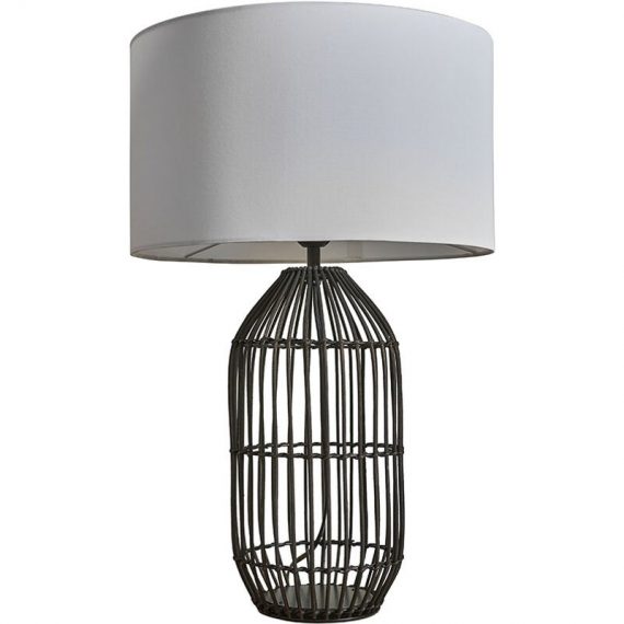 Minisun - Large Black Rattan Table Lamp With Fabric Lampshade - White - Including led Bulb B2780 5059406027802