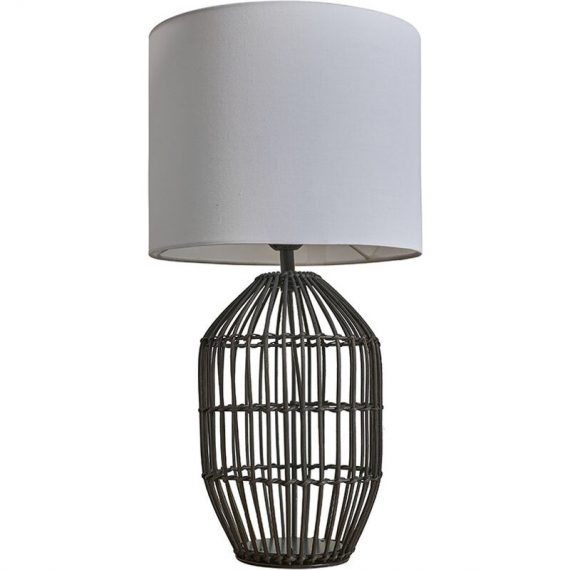 Minisun - Matt Black Rattan Table Lamp With Fabric Lampshade - White - Including led Bulb B2766 5059406027666