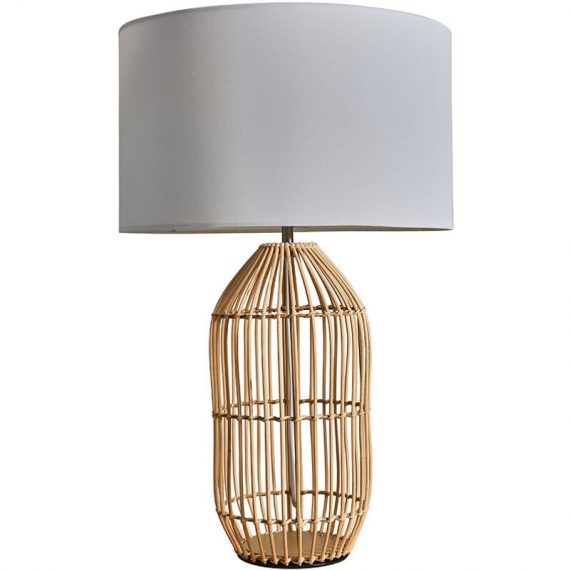 Large Natural Rattan Table Lamp With Fabric Lampshade - White - Including LED Bulb B2786 5059406027864