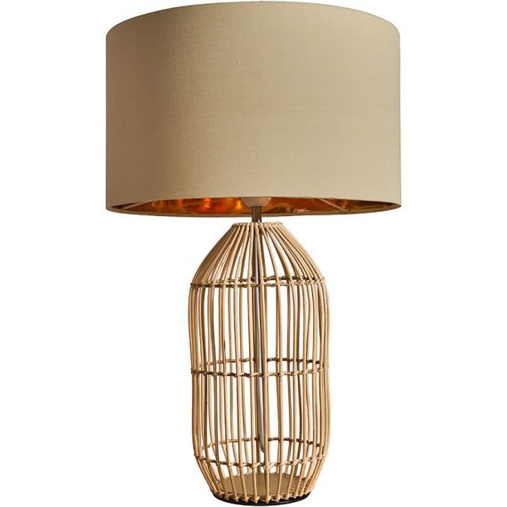 Minisun - Large Natural Rattan Table Lamp With Fabric Lampshade - Beige & Gold - No Bulb B2789 5059406027895