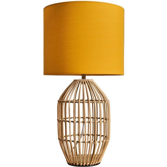 Minisun - Natural Rattan Table Lamp With Fabric Lampshade - Mustard - Including led Bulb B2774 5059406027741