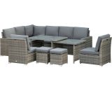 Outsunny 7 Piece Rattan Garden Furniture Set, 10-Seater Sofa Sectional with Cushioned Sofa Seat, Footstools and Expandable Glass Table for Yard Grey 860-295V70GY 5056602951900