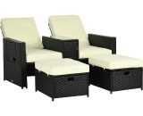 Outsunny 5PC PE Rattan Sun Lounger, Outdoor Wicker 5-level Adjustable Recliner Sofa Bed with Storage Side Table, Footstools, for Patio, Garden, Black 862-067V71BK 5056602939120
