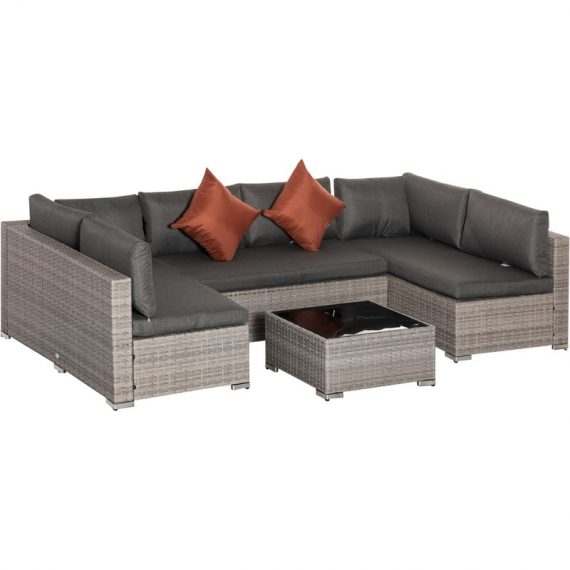 Outsunny 6-Seater Garden Rattan Furniture PE Rattan Sofa Set, Outdoor All Weather Conservatory Furniture, w/ Tempered Glass Coffee Table, Deep Grey 860-221V705056534568931