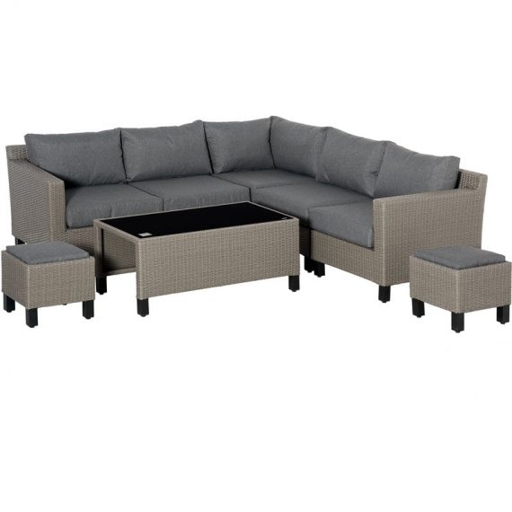 Outsunny 7-Seater PE Rattan Sofa Set Wicker Garden Furniture Patio Conservatory Corner Sofa, w/ Tempered Glass Coffee Table & Cushions, Grey 860-226V705056534567323