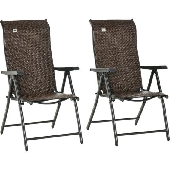 Outsunny Set of 2 Outdoor Wicker Folding Chairs, Patio PE Rattan Dining Armrests Chair set with Adjustable Backrest, for Outdoors, Camping, Red Brown 861-0565056534574611
