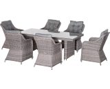 Outsunny 7 PCS Outdoor PE Rattan Dining Table Set, Patio Wicker Aluminium Chair Furniture w/ Tempered Glass Table Top, Grey 861-055V705056534565435