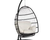 Outsunny Rattan Hanging Egg Chair with Folding Design, Weave Swing Hammock with Cushion and Stand for Indoor Outdoor, Patio Garden Furniture, Black 84A-205V705056534575496