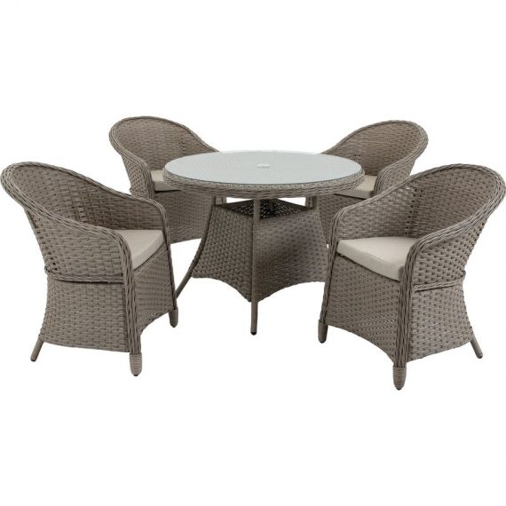 Outsunny 5 Pieces Outdoor Patio PE Rattan Dining Set, Four Seater Garden Furniture - 4 Chairs & Round Table w/ Umbrella Hole, Mixed Grey 861-045 5056725538897