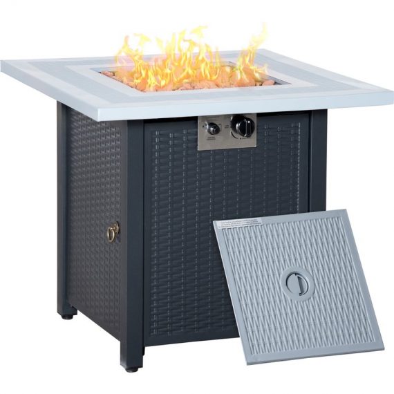 Outsunny Square Propane Gas Fire Pit Table, 40000 BTU Rattan Smokeless Firepit Patio Heater with Lava Rocks and Lid, 71cm x 71cm x 62cm, Black 842-253 5056534574444
