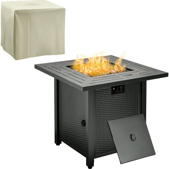 Outsunny Square Propane Gas Fire Pit Table, 40000 BTU Rattan Smokeless Firepit Patio Heater w/ Protective Cover, Lava Rocks and Lid, 71x71x62cm, Black 842-260V70 5056534574864