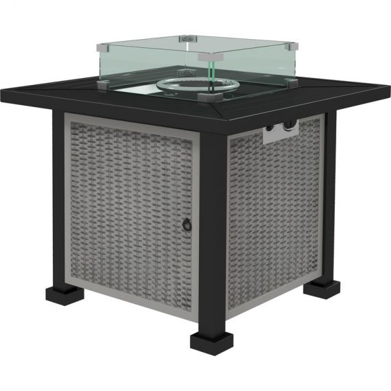 Outsunny Square Gas Fire Pit Table, Rattan Smokeless Fire Pit with Glass Screen and Beads, Lid, 50000 BTU, 81x81x64cm, Grey 842-252V01GY 5056725397159