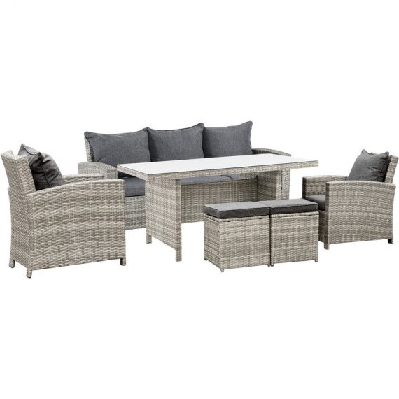 Outsunny 7-Seater Rattan Dining Set Sofa Table Garden Rattan Furniture Footstool Outdoor w/ Cushion, Grey 860-069 5056029834299